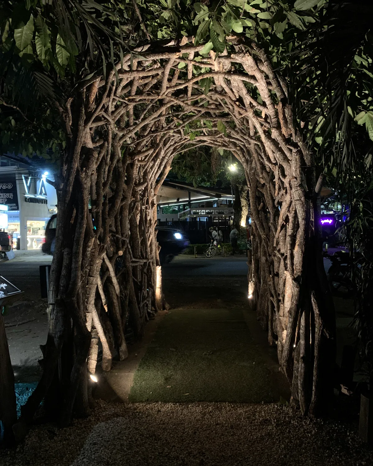 Túnel de ramas Symbiosis iluminado de noche en L’Estanco