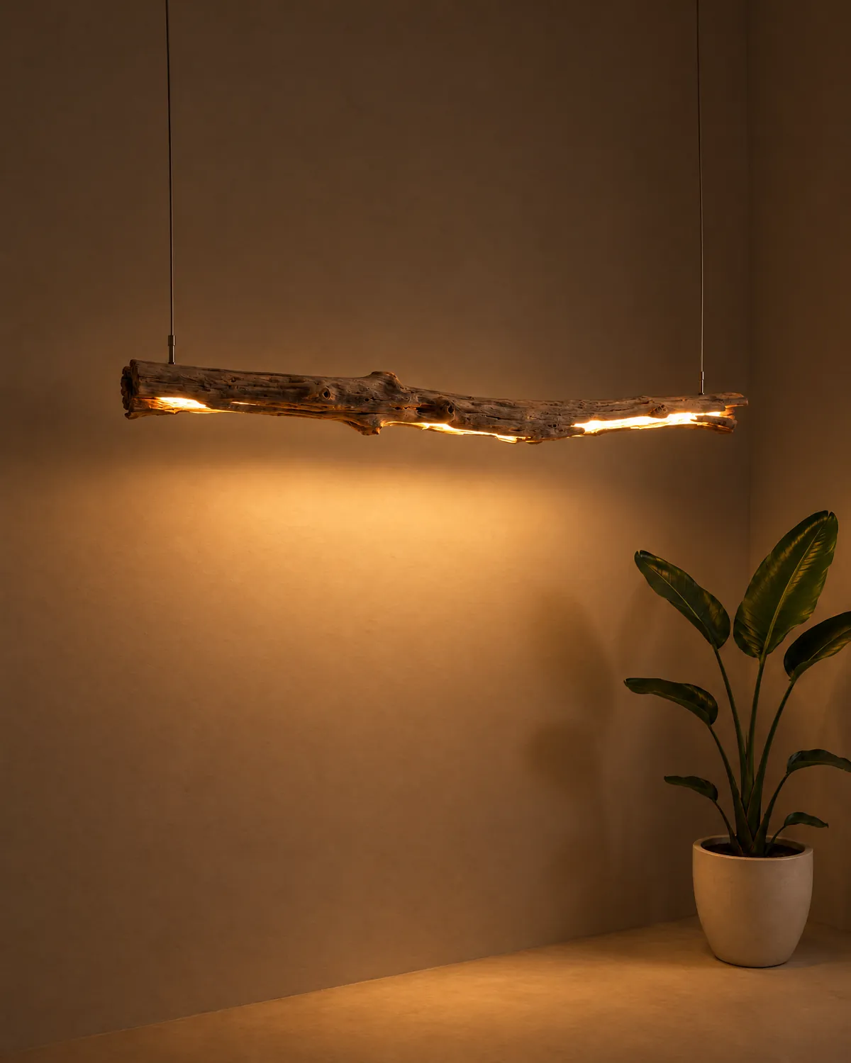 Lámpara colgante Deriva, de madera de mar, encendida de noche