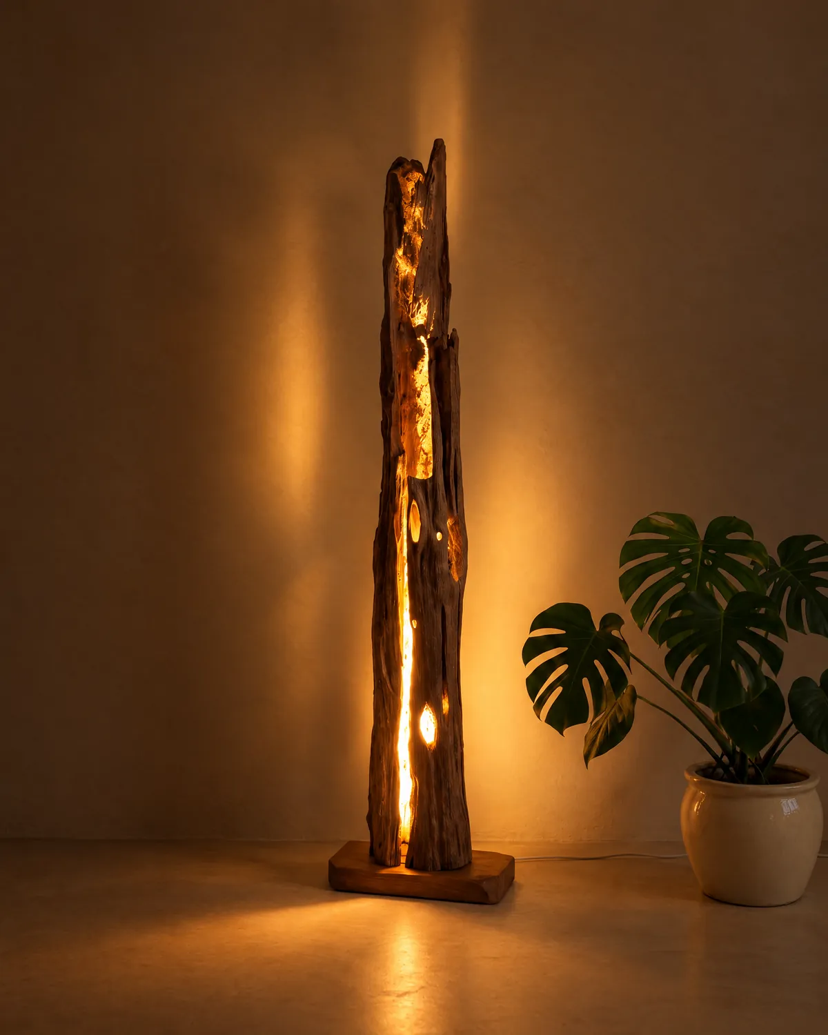 Lámpara de pie Atardecer, de madera de mar, encendida de noche