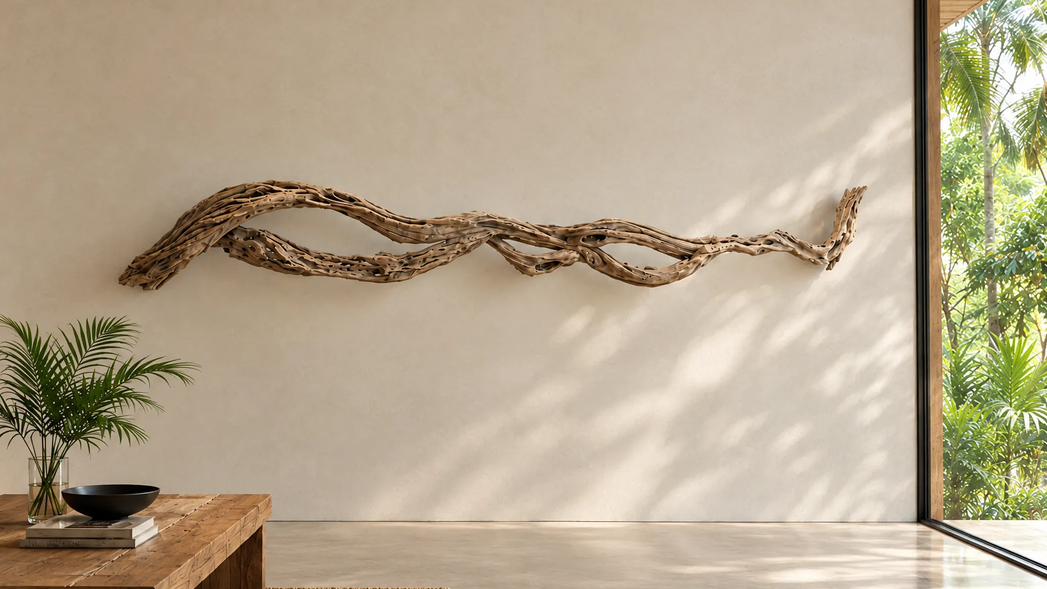 Lámpara de pared Una, de madera de mar, apagada con luz de día