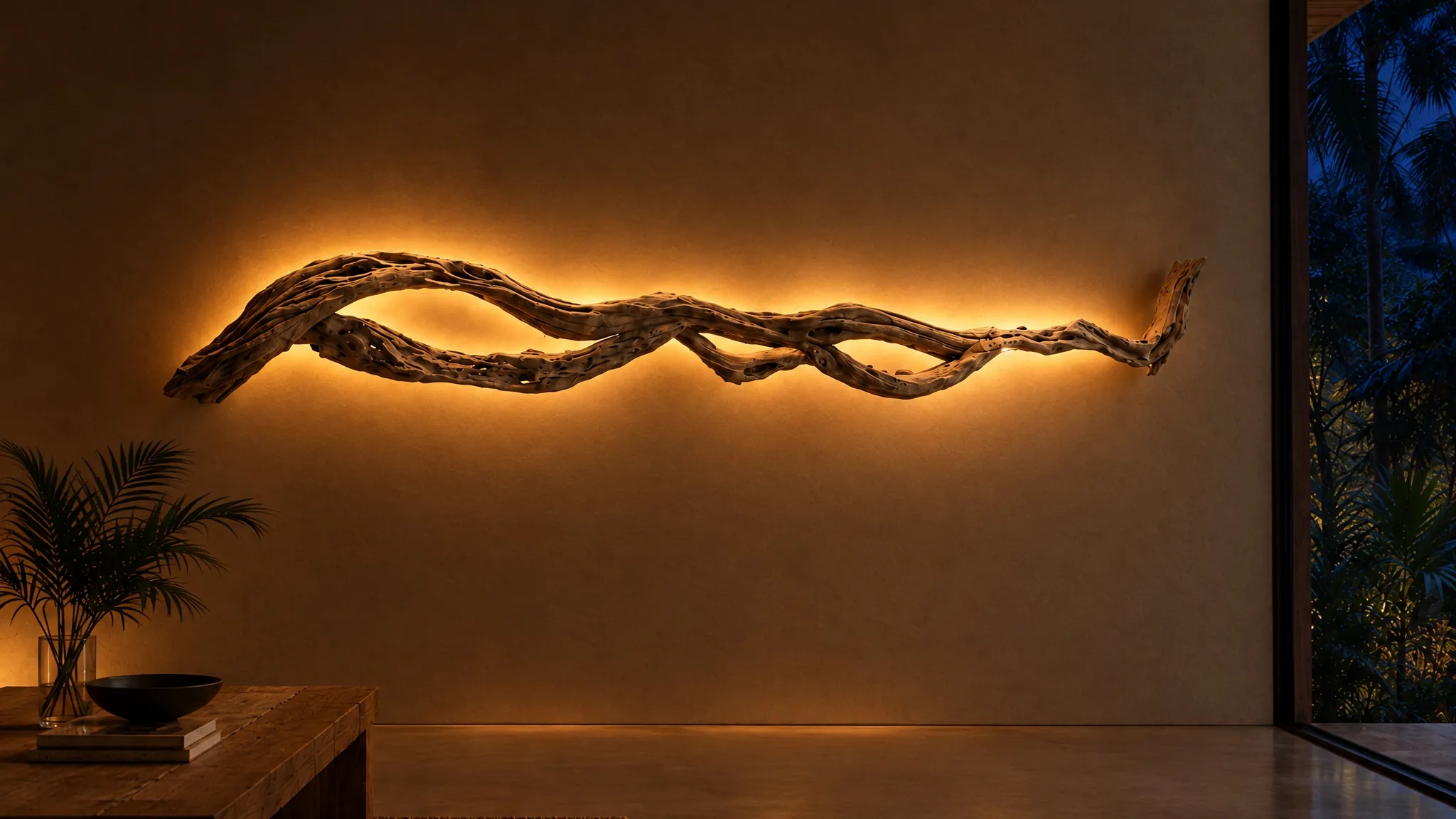 Lámpara de pared Una, de madera de mar, encendida de noche