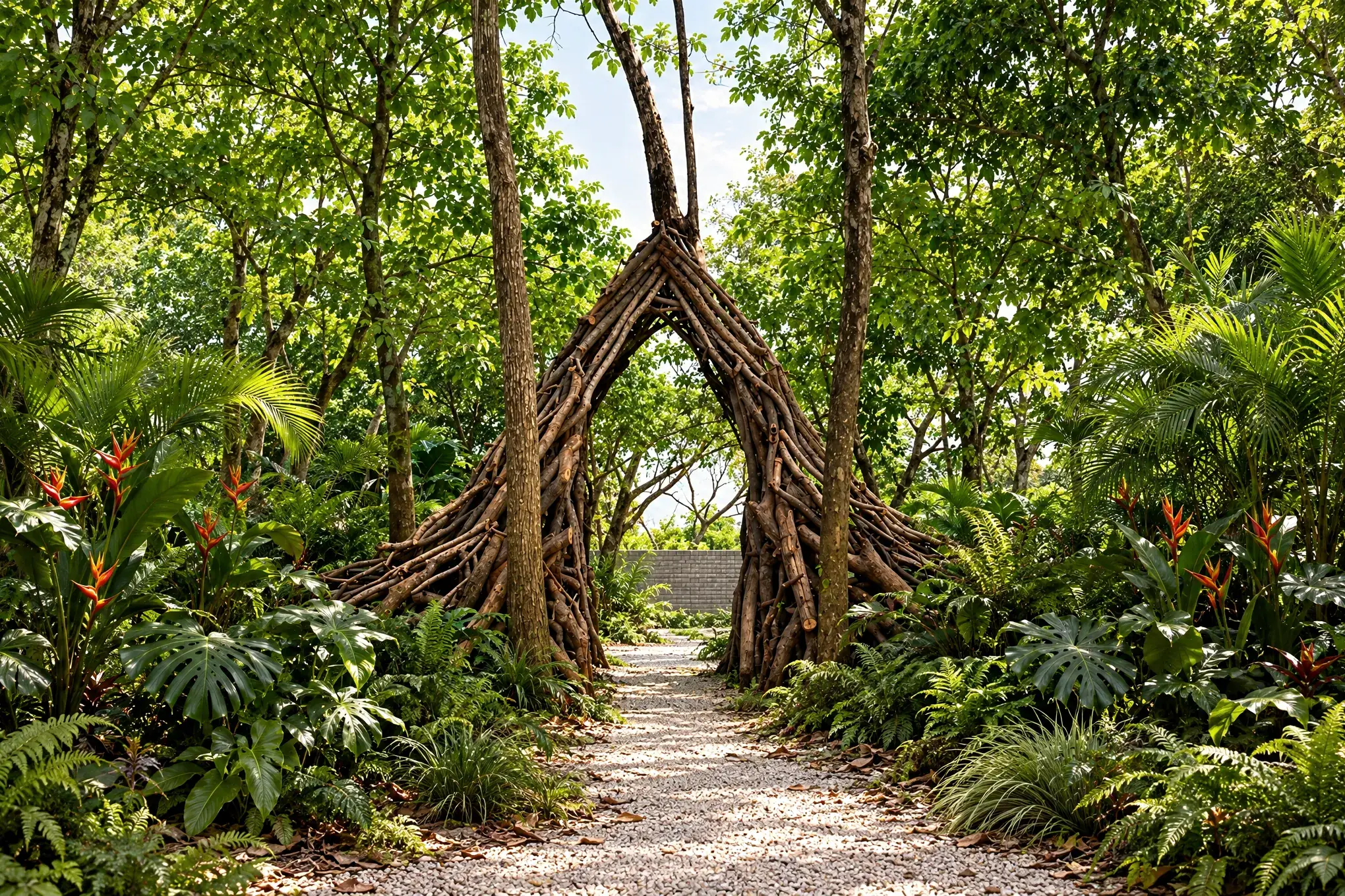 Portal de ramas en punta rodeado de plantas tropicales