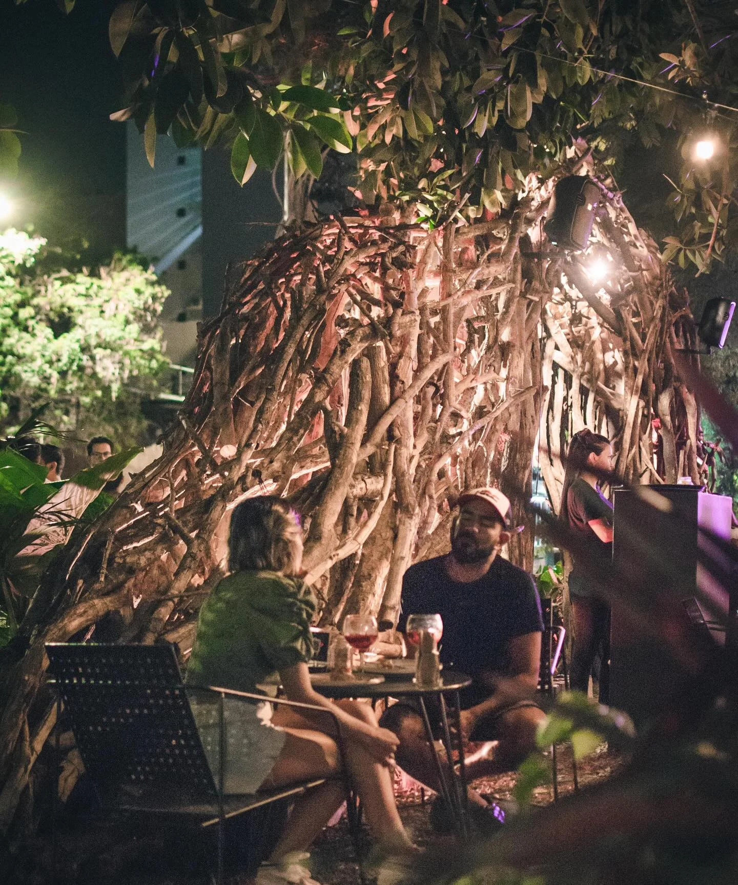 Ribeca de noche, con gente bajo la estructura de ramas iluminada